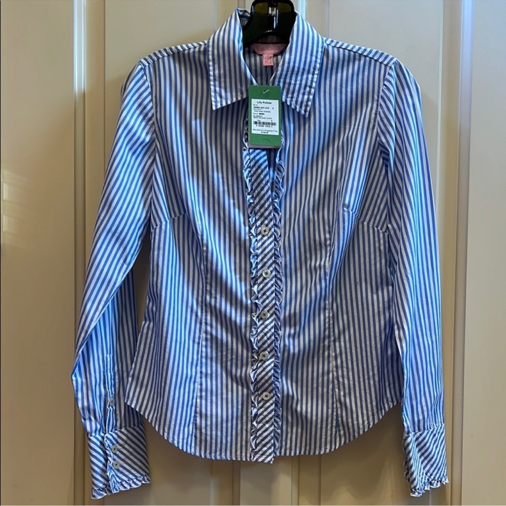 NWT Lilly Pulitzer Jonni Button Down Shirt Blue And White Stripe Size 0